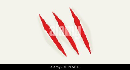 Claw torn paper. Claws scratch mark on red blood texture, wild cat paws slash tiger lion bear animal paw shred monster beast sharp talon realistic bac Stock Vector