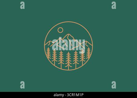 Mountain and Forest Abstract Logo Badge Monoline Style Stock Vector