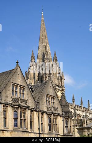 Oxford University, England, close-up view of leaded glass college windows and the spire of the university church Stock Photo