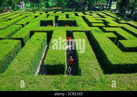 Aerial view of the hedge maze at Coban Rondo Waterfall Pujon surrounded ...