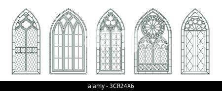 Colouring page set for adult. Black and white line art drawings of vintage Gothic temple windows or Catholic Christian arch frames. Outline vector Stock Vector