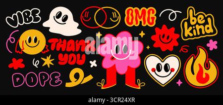 Retro funky sticker set. Vintage groovy badges with smiling faces, hearts, and playful slogans. Design elements for print and social media. Flat Stock Vector