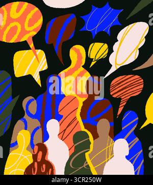 Crowd of abstract people silhouettes. Banner with group of various characters and speech bubbles above them. Flat vector illustration Stock Vector