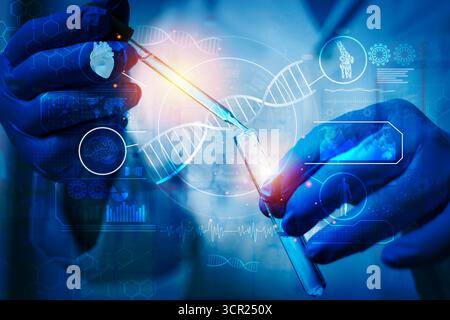 Modern biotechnology research concept with scientist working in laboratory, DNA strand background, genetic engineering, innovation in healthcare, futu Stock Photo
