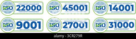 ISO Certification Labels Pack – 22000 Food Safety, 45001 Health and Safety, 14001 Environmental, 9001 Quality, 27001 Information Security, 31000 Risk Stock Vector