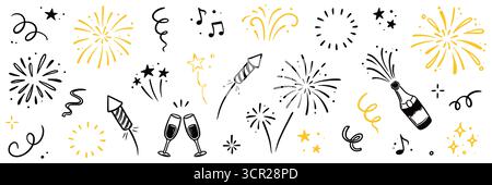 Fireworks new year set. Hand drawn vector elements with doodle golden confetti, firecracker and festive sparkle for birthday, party, or new year celebration. Gold firework vector illustration Stock Vector