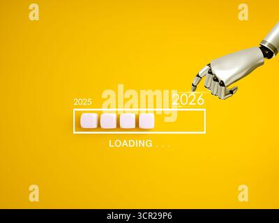 Creative loading concept to new year 2026 with robotic AI hand pointing progress bar. Symbol of digital transformation, innovation, future technology, Stock Photo