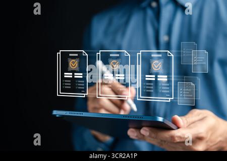Digital document management and checklist concept. Online files with check marks workflow Stock Photo