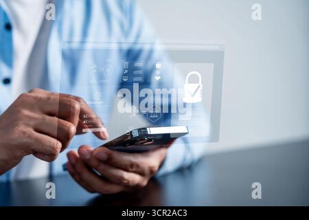 Cybersecurity to access secure data, login protection, and digital identity safety in mobile and Stock Photo