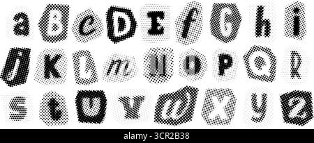 Retro pixelated letters design. Black halftone alphabet. Comic pop art cut out font. Rasterized bitmap English alphabet. Old fashioned newspapers typography set. Vector aged textured dotted abc pack Stock Vector