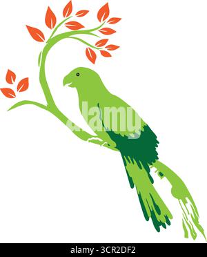 bird on tree, parrot on tree, tree, green, red tree, red leaves Stock Vector
