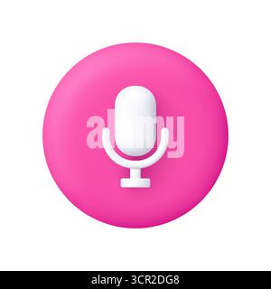 White microphone on a pink circle button. Broadcasts, interviews, podcast, voice recording, music and audio app concept. 3d vector icon. Cartoon minim Stock Vector