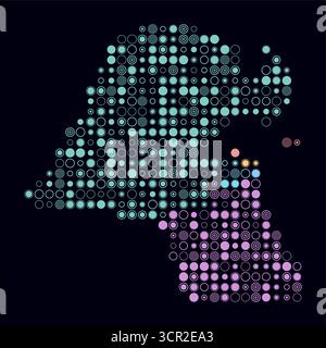 Kuwait, shape of the country built of colored cells. Digital style map of Kuwait on a dark background. Large size circle blocks. Stock Vector