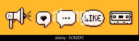 8 bit Y2K pixel podcast white elements. Megaphone, speech bubbles with a heart, like and audio cassette. Stock Vector