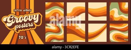 A set of 8 square zebra Y2K groovy patterns in warm color. Stock Vector