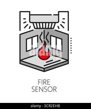 Home security fire sensor color line icon or symbol. Property security technology outline vector sign, house protection company icon. Home safety service symbol with fire smoke alarm sensor and room Stock Vector
