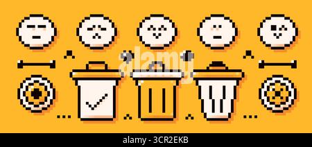 Pixel art icons on yellow background. Emojis with different emotions and three types of trash can icons drawn in simple Y2K bit style. Stock Vector