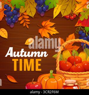 Autumn scene with pumpkins, apples in wicker basket, grapes and autumn leaves foliage on wooden background. Vector Thanksgiving Day festival or fall season advertising banner, social media web post Stock Vector