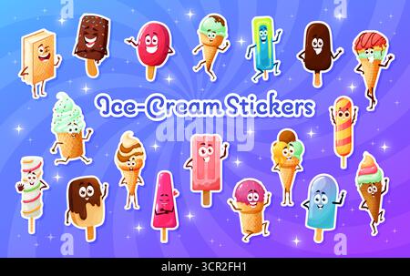 Ice cream characters stickers of cartoon funny sundae and gelato, vector frozen desserts. Cheerful ice cream scoops in wafer cones or fruit sorbet and frozen ice character stickers with face and smile Stock Vector
