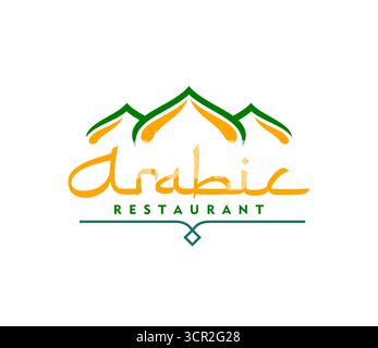Arab cuisine and Arabian restaurant mosque icon with Arabic letters, vector emblem. Arab cuisine and authentic kitchen, fast food restaurant or gastro dish canteen of Eastern traditional halal meals Stock Vector