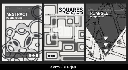 Modern y2k poster designs with gradient halftone patterns and geometric shapes for retro futuristic layouts or digital art. Monochrome abstract backgrounds with dotted textures and triangular elements Stock Vector