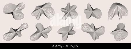 Black amorphous shapes with ripple line patterns for modern abstract geometric designs. Flowing forms with wavy stripes or parallel curves for contemporary art projects and digital backgrounds. Stock Vector