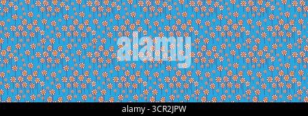 Seamless cartoon daisy field pattern on vivid blue background Stock Vector