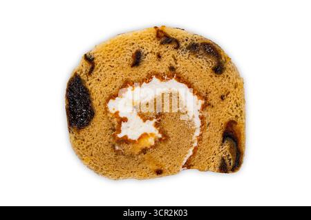 Side view of sliced prunes cake roll or plum cake roll isolated on white background with clipping path. Stock Photo
