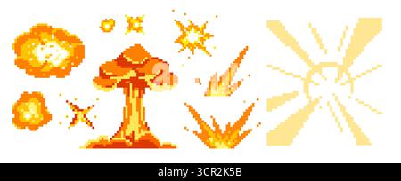Bright pixel explosions with mushroom cloud, fire bursts and lightning effects for retro game or 8 bit animation. Orange and yellow particles with sparks and blast waves. Classic arcade action sprites Stock Vector