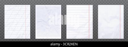 Crumpled notebook paper with grid patterns - ruled lines, squares and diagonal texture for academic or office use. School stationery sheets templates for writing, math or technical drawings. Stock Vector