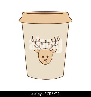 Cute coffee cup with reindeer face and colorful Christmas lights on its antlers, perfect for holiday season design. Stock Vector