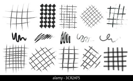 Hand drawn crayon grid set with crosshatch patterns, scribbles and messy lines for artistic texture. Black ink sketches with wavy marks, diagonal mesh and rough shapes. Sketchy graphic elements. Stock Vector