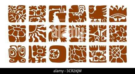 Brown organic boho square tiles with botanical motifs, birds and abstract patterns for decorative textile design or poster. Folk art elements with flowers and leaves, butterflies and moon with stars. Stock Vector