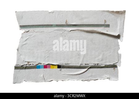 Pieces of torn newspaper glued together to create a grey rectangular textbox isolated on white background with clipping path Stock Photo