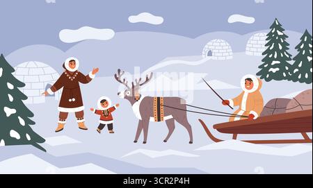 Inuit people. Reindeer herder returns home, happy eskimo family, northern characters dressed in skins, ice igloo, winter landscape, cartoon flat Stock Vector