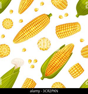 Corn seamless pattern. Sweet maize cobs and grains, yellow spikelets with green leaves, repeated organic product. Textile, wrapping paper, wallpaper Stock Vector