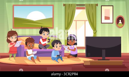 Children play game console. Kids playroom, room interior, big tv, friends using online gadgets, interactive entertainment, boys and girls cartoon flat Stock Vector