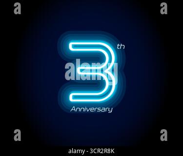 Blue neon number third years, 3 anniversary logo on black background. Shiny luminous jubilee sign for celebration emblem of cyber event party, digital Stock Vector