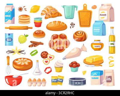 Bakery sweet elements. Cartoon pastry ingredients, kitchen utensils, dough products, dessert cooking accessories, spices and food, handmade bread and Stock Vector