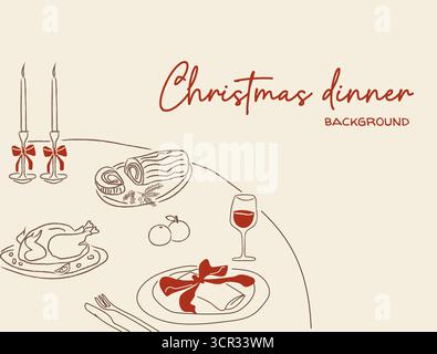 Whimsical doodle style New Year Eve or Christmas dinner party table with festive roast, wine, celebration decor. Hand drawn holiday feast template for Stock Vector