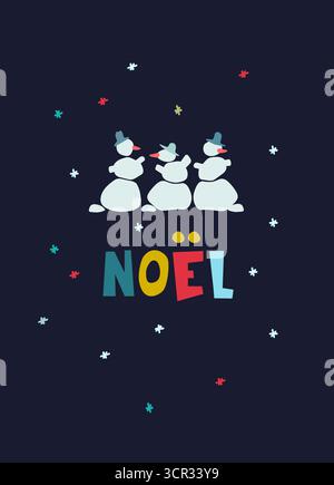 Christmas greeting card design template. Hand drawn snowmen, multicolored snowflakes, Noel hand lettering Stock Vector