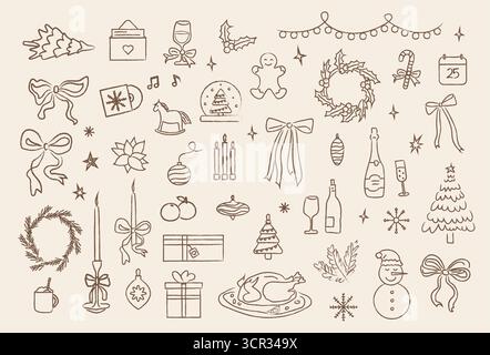 Whimsical Christmas illustration set. Festive holiday feast. Seasonal table setting. Hand Drawn vintage style doodle with crayon texture. Vector. Stock Vector
