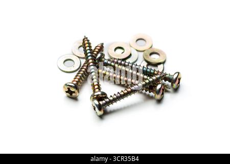 Screws and washers arranged on a white surface after being organized for a DIY project Stock Photo