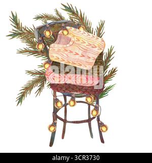 Wooden chair with electric light bulbs, stack of sweaters and branches. Watercolor illustration. For fashion magazines, retro vintage Christmas access Stock Photo