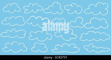 Set of fluffy light clouds drawn in white chalk on blue sky background. Hand drawn textured outline cloud icons. Child illustrations of cute cozy Stock Vector