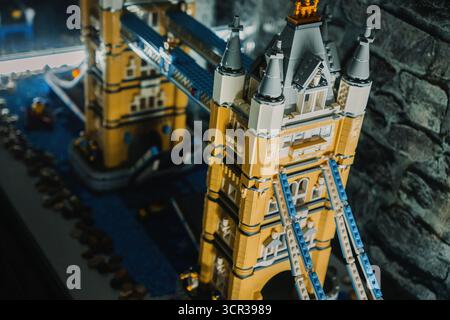 Prague, Czechia - September 20, 2025: Detailed LEGO Tower Bridge London model with opening bascules Stock Photo
