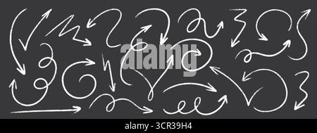Chalk arrow collection with crayon texture on blackboard - curved, spiral and wavy directional elements Stock Vector