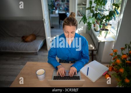 Thoughtful woman deals with work issues remotely from home using laptop, typing message Stock Photo