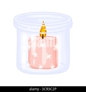 Hand drawn pink candle in clear glass jar with white snowflake pattern. Creates a cozy winter mood, perfect for home decor, spa relaxation, holiday ca Stock Vector