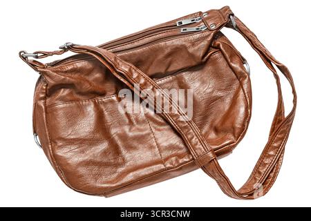 Brown leather soft casual shoulder bag isolated over white Stock Photo